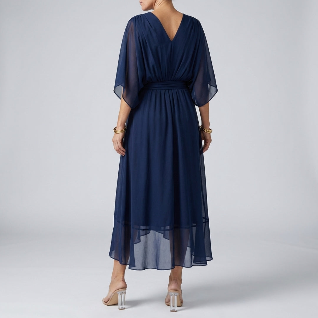Leslie Women’s Chiffon Maxi Dress – Deep V-Neck with Flowing Bat Sleeves