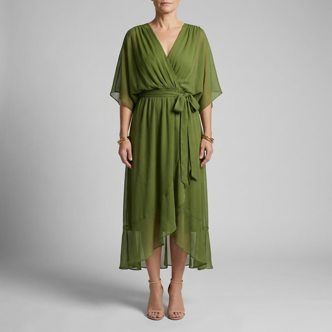 Leslie Women’s Chiffon Maxi Dress – Deep V-Neck with Flowing Bat Sleeves