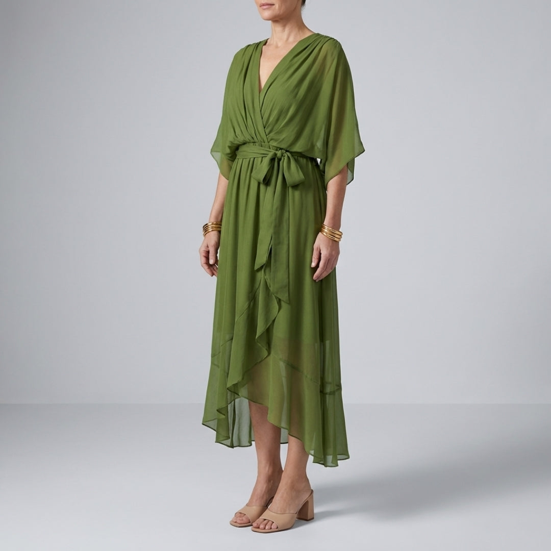 Leslie Women’s Chiffon Maxi Dress – Deep V-Neck with Flowing Bat Sleeves