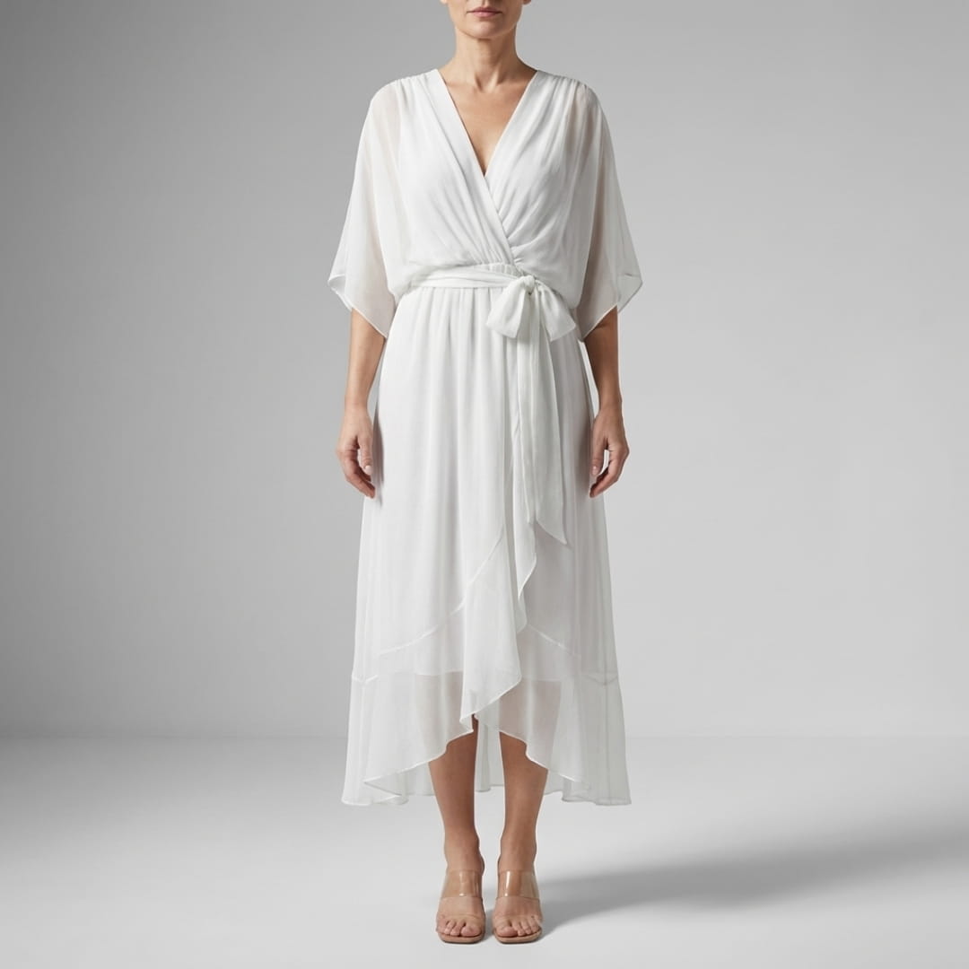 Leslie Women’s Chiffon Maxi Dress – Deep V-Neck with Flowing Bat Sleeves