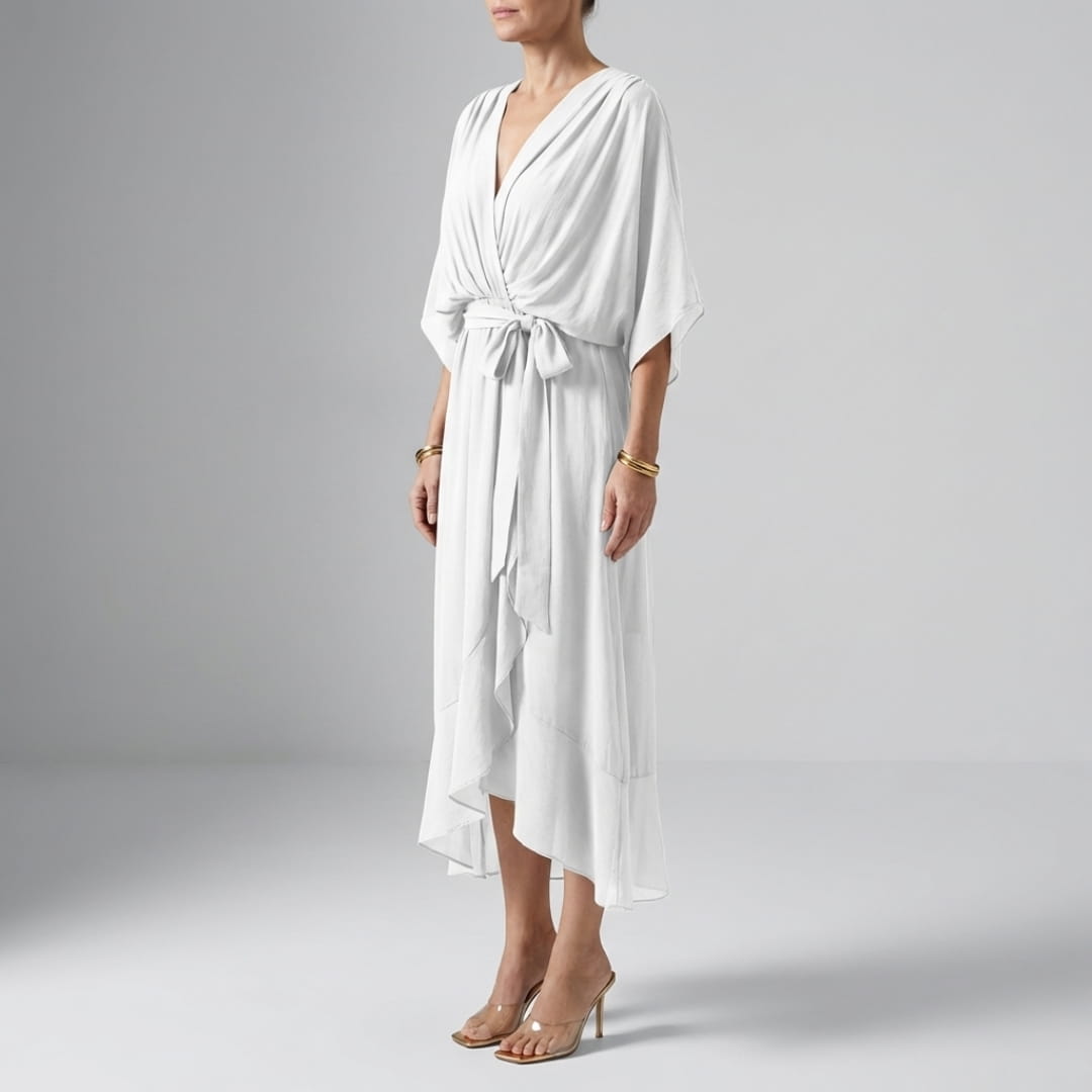 Leslie Women’s Chiffon Maxi Dress – Deep V-Neck with Flowing Bat Sleeves