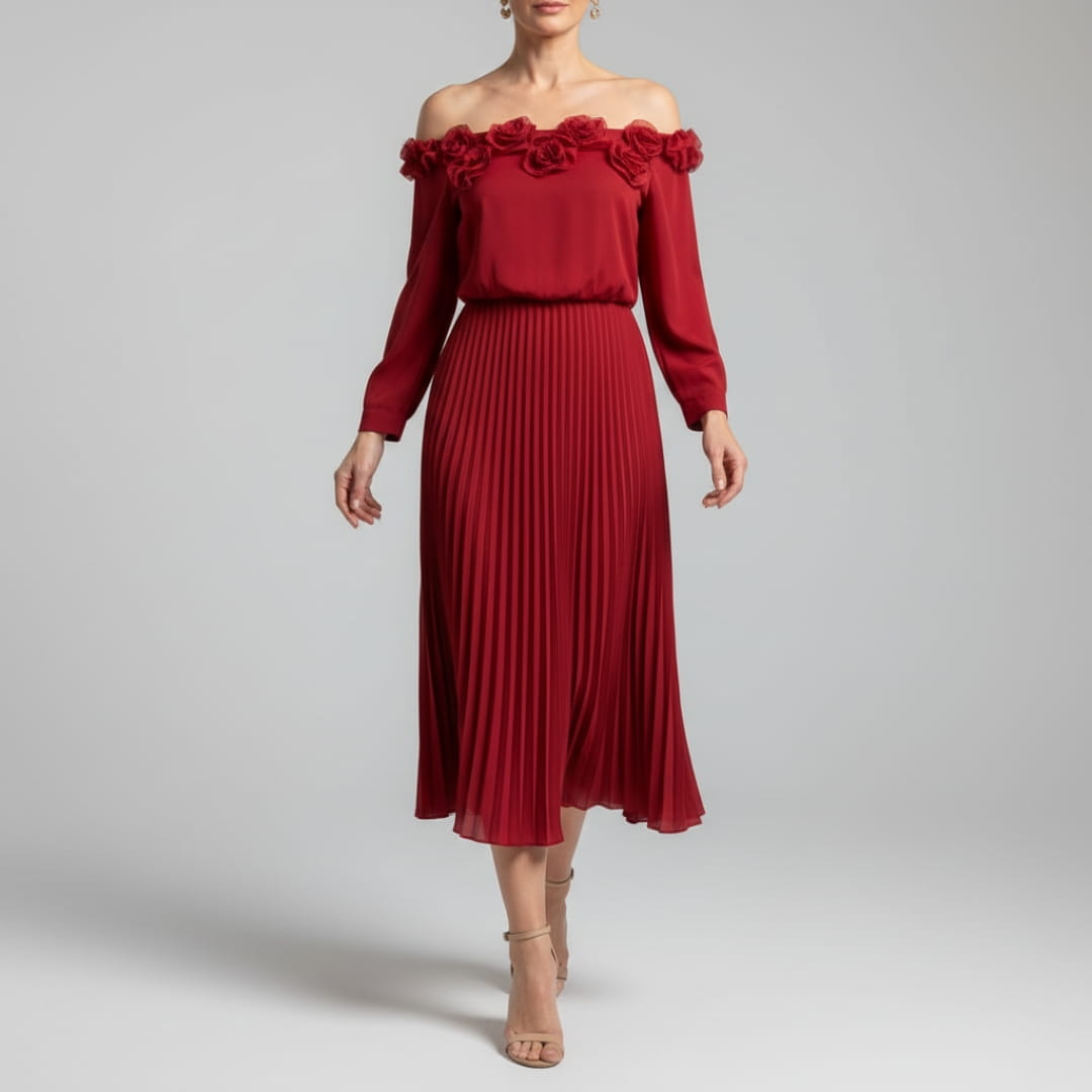 Amily Off-Shoulder Midi Dress – Flowing Fit for Summer Evenings