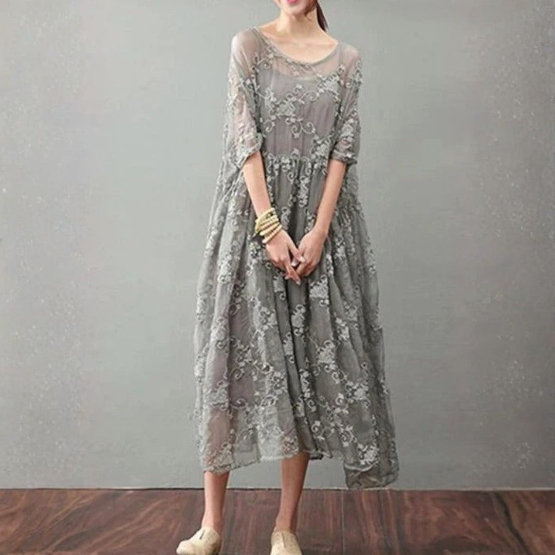 Soraya Midi Dress – Silk Cotton Blend with Lace Detail and Flowy Relaxed Fit