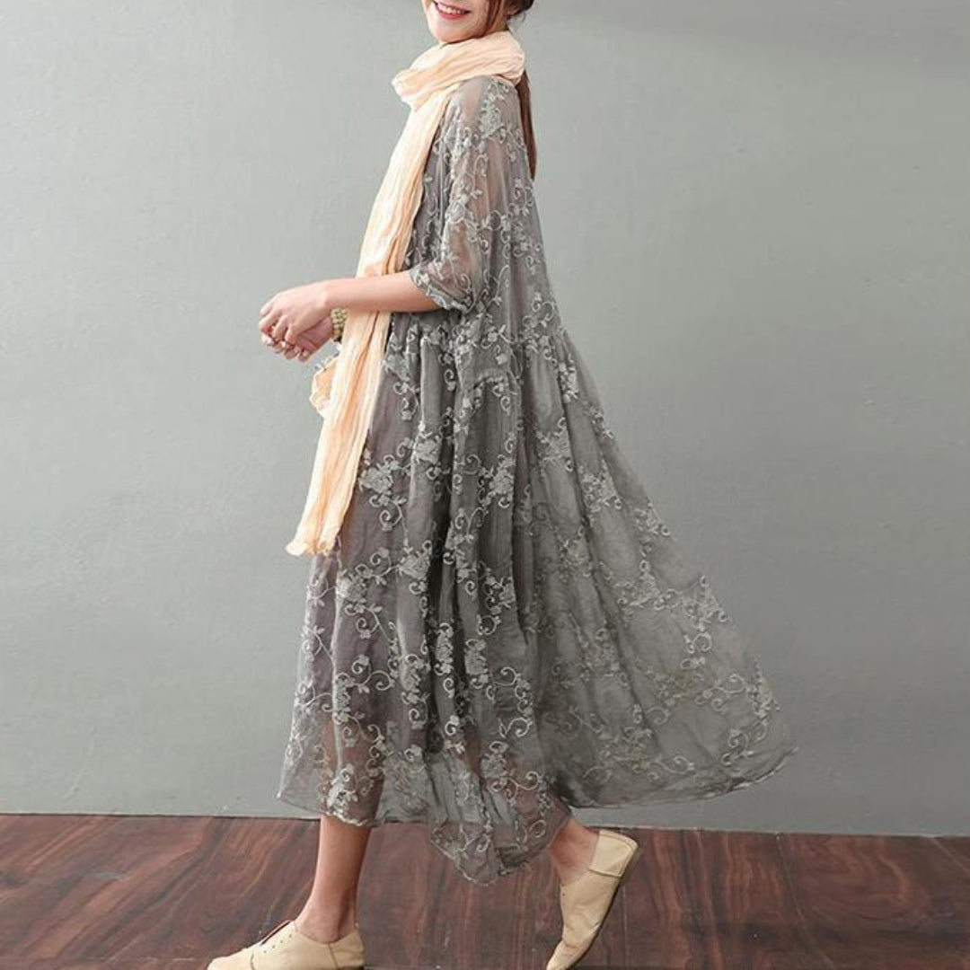 Soraya Midi Dress – Silk Cotton Blend with Lace Detail and Flowy Relaxed Fit