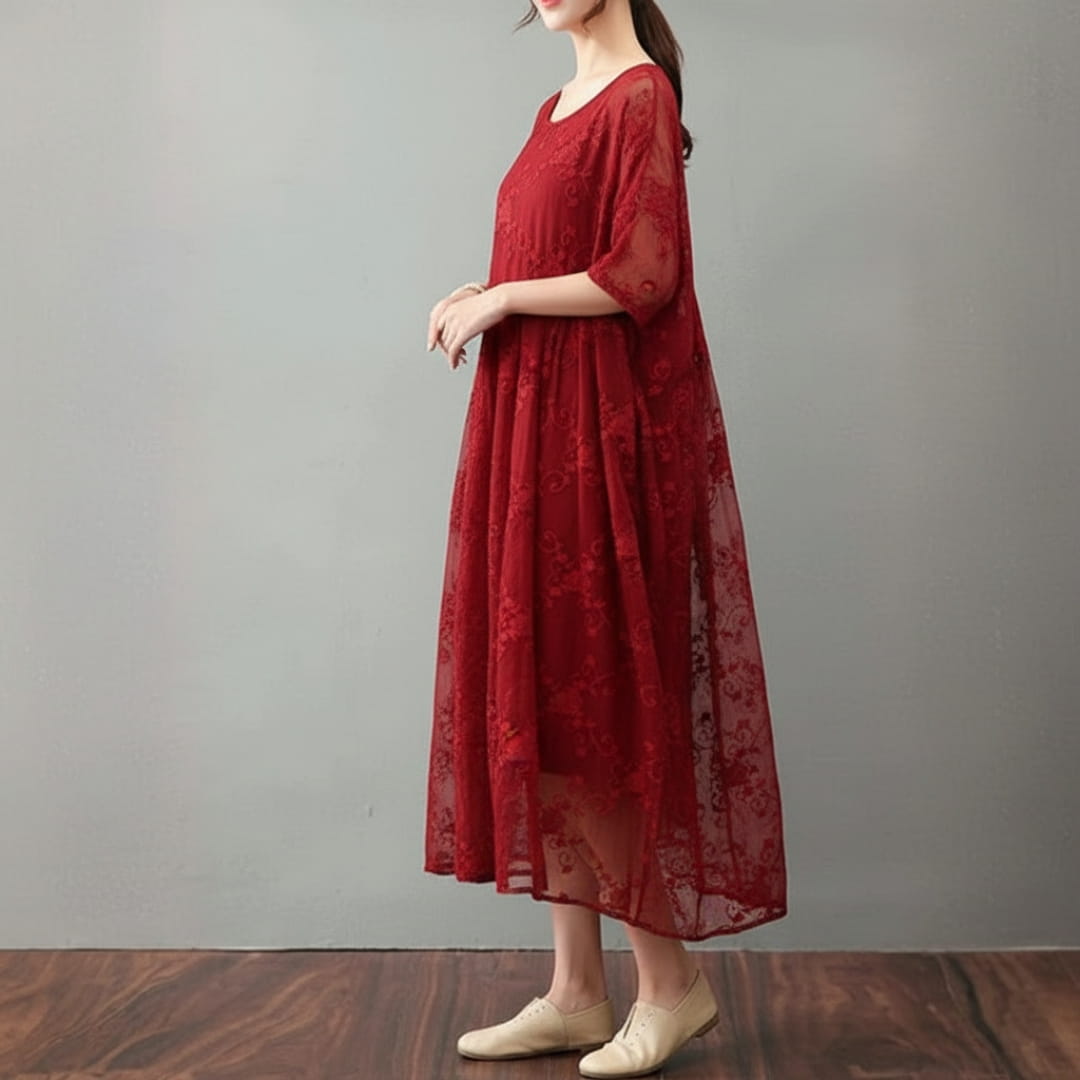 Soraya Midi Dress – Silk Cotton Blend with Lace Detail and Flowy Relaxed Fit