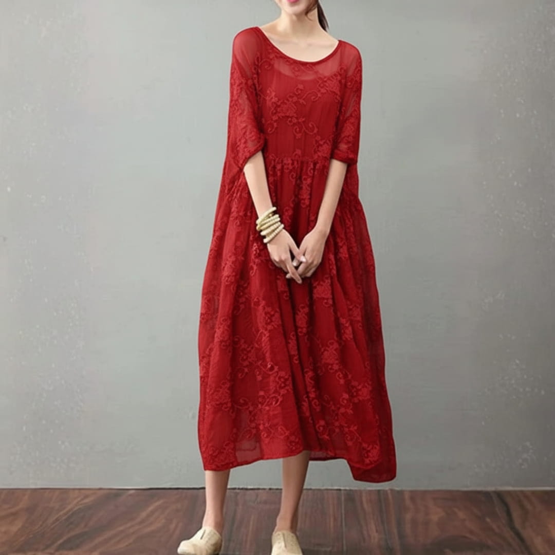 Soraya Midi Dress – Silk Cotton Blend with Lace Detail and Flowy Relaxed Fit