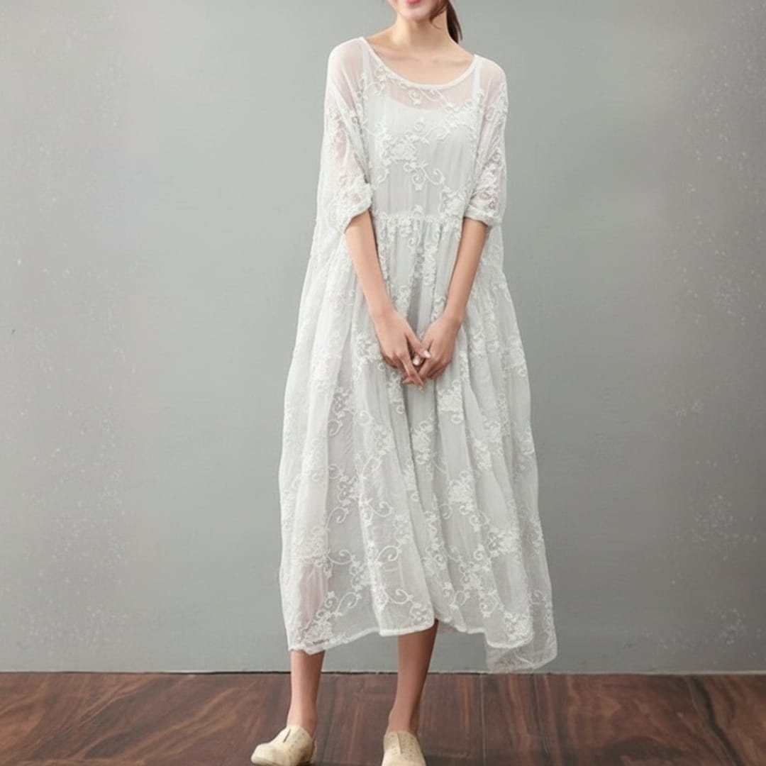Soraya Midi Dress – Silk Cotton Blend with Lace Detail and Flowy Relaxed Fit