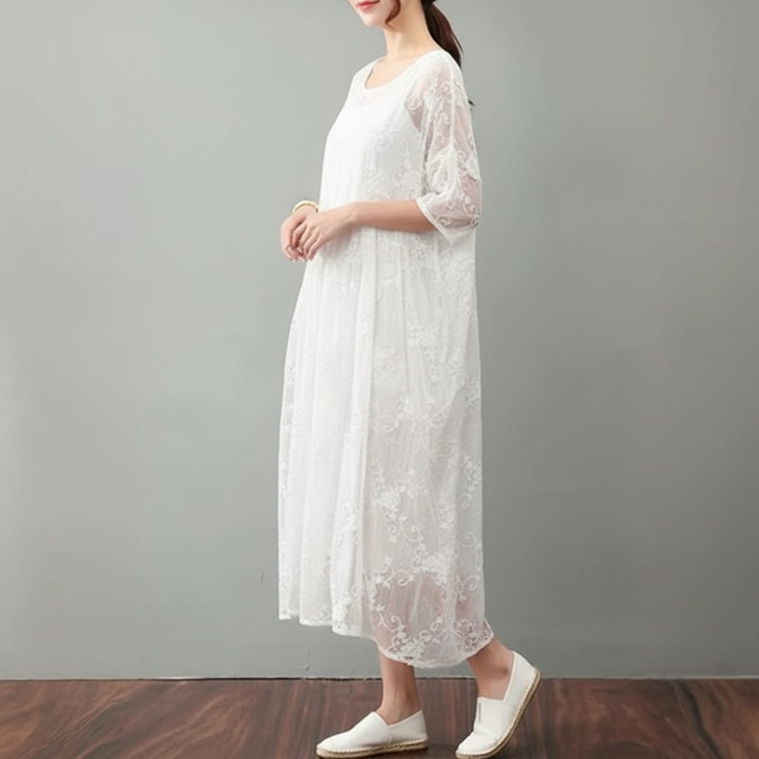 Soraya Midi Dress – Silk Cotton Blend with Lace Detail and Flowy Relaxed Fit
