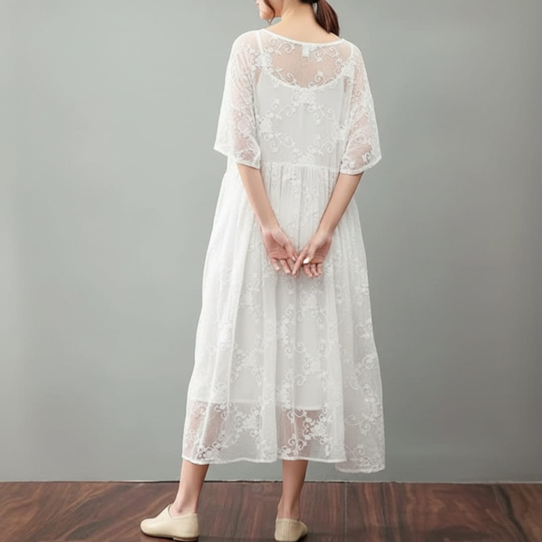 Soraya Midi Dress – Silk Cotton Blend with Lace Detail and Flowy Relaxed Fit