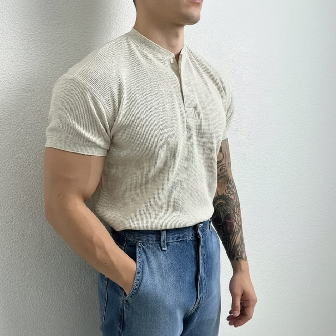 Colton Cotton Waffle Henley Polo Shirt — Textured Modern Casual Top