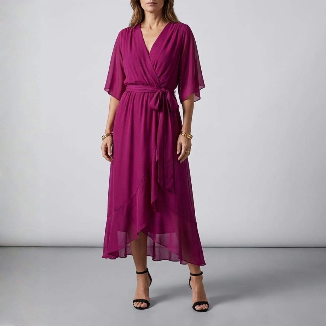 Leslie Women’s Chiffon Maxi Dress – Deep V-Neck with Flowing Bat Sleeves