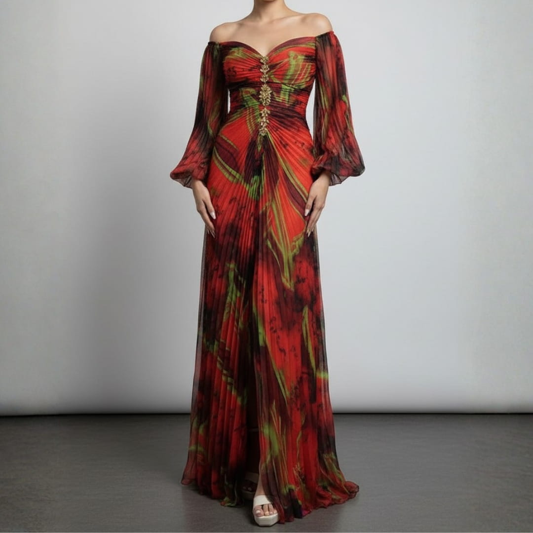 Sarah Long Sleeve Maxi Dress – Elegant Silhouette with Pleated Detailing