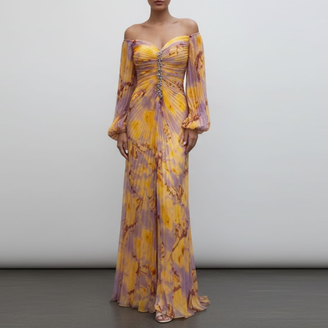 Sarah Long Sleeve Maxi Dress – Elegant Silhouette with Pleated Detailing