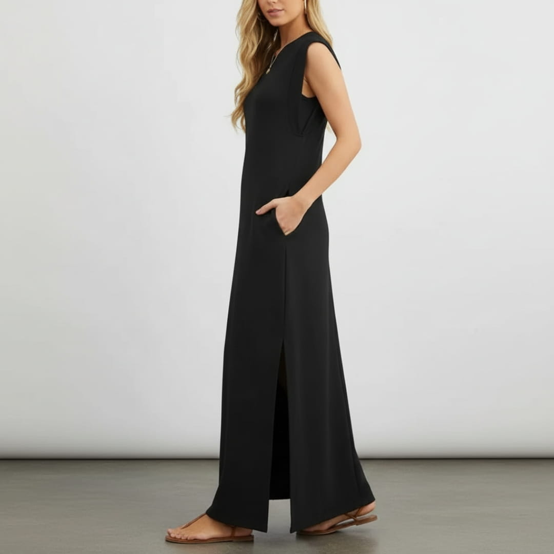 Leona Sleeveless Maxi Dress – Wrinkle-Resistant with Pockets & Side Slit