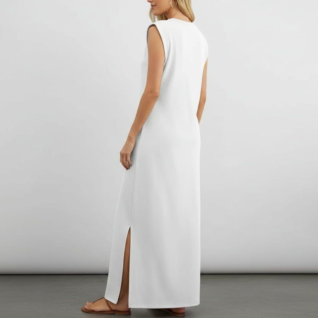 Leona Sleeveless Maxi Dress – Wrinkle-Resistant with Pockets & Side Slit
