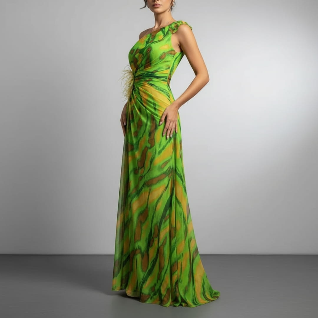 Sierra One-Shoulder Maxi Dress – Bold Print with Side Slit for Summer Events