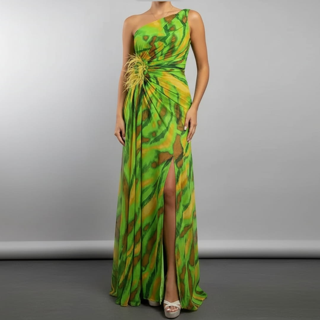 Sierra One-Shoulder Maxi Dress – Bold Print with Side Slit for Summer Events