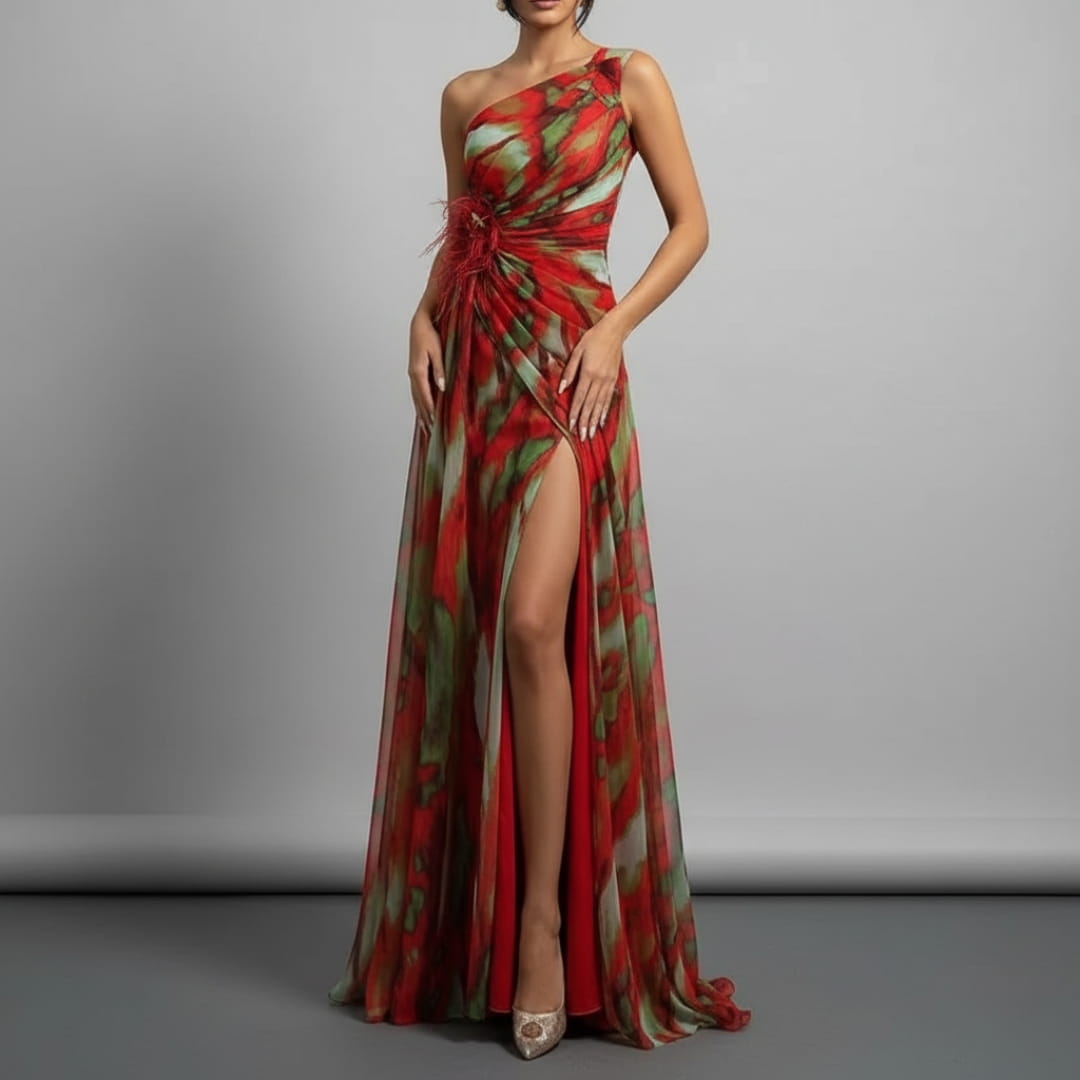 Sierra One-Shoulder Maxi Dress – Bold Print with Side Slit for Summer Events