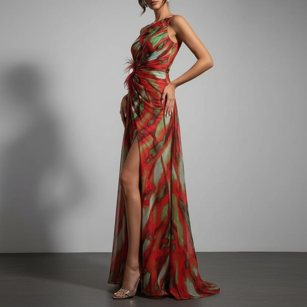 Sierra One-Shoulder Maxi Dress – Bold Print with Side Slit for Summer Events