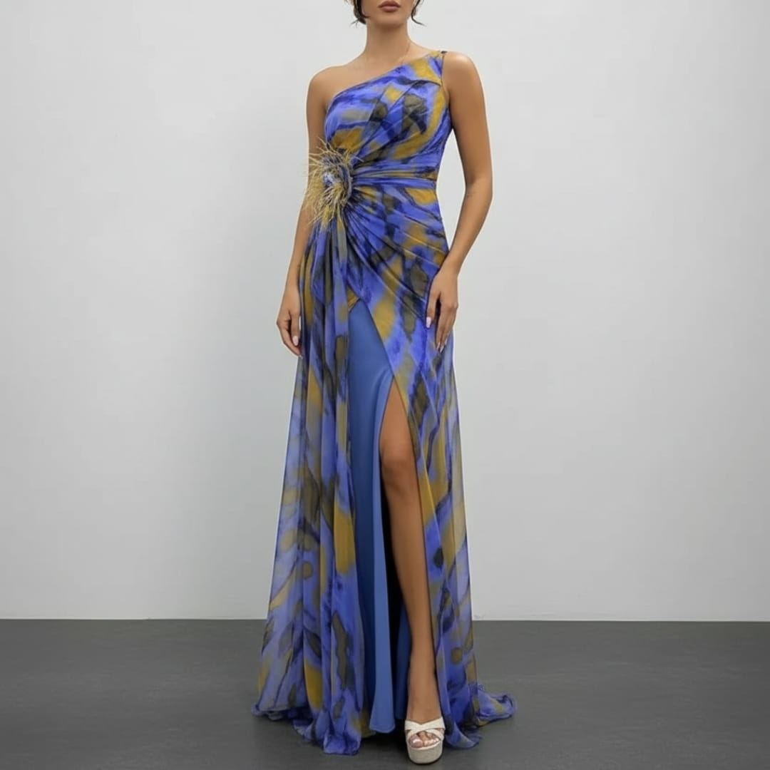 Sierra One-Shoulder Maxi Dress – Bold Print with Side Slit for Summer Events