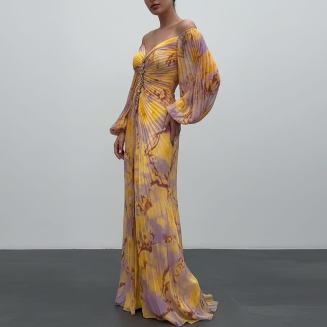 Sarah Long Sleeve Maxi Dress – Elegant Silhouette with Pleated Detailing