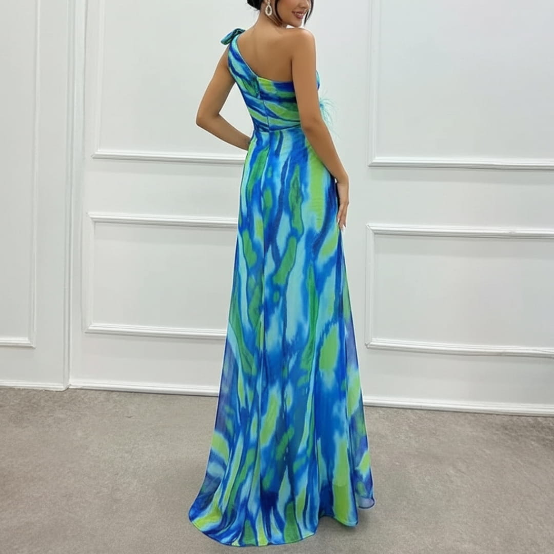 Sierra One-Shoulder Maxi Dress – Bold Print with Side Slit for Summer Events