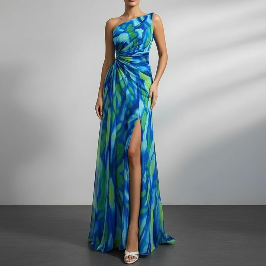 Sierra One-Shoulder Maxi Dress – Bold Print with Side Slit for Summer Events