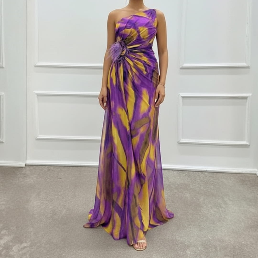 Sierra One-Shoulder Maxi Dress – Bold Print with Side Slit for Summer Events