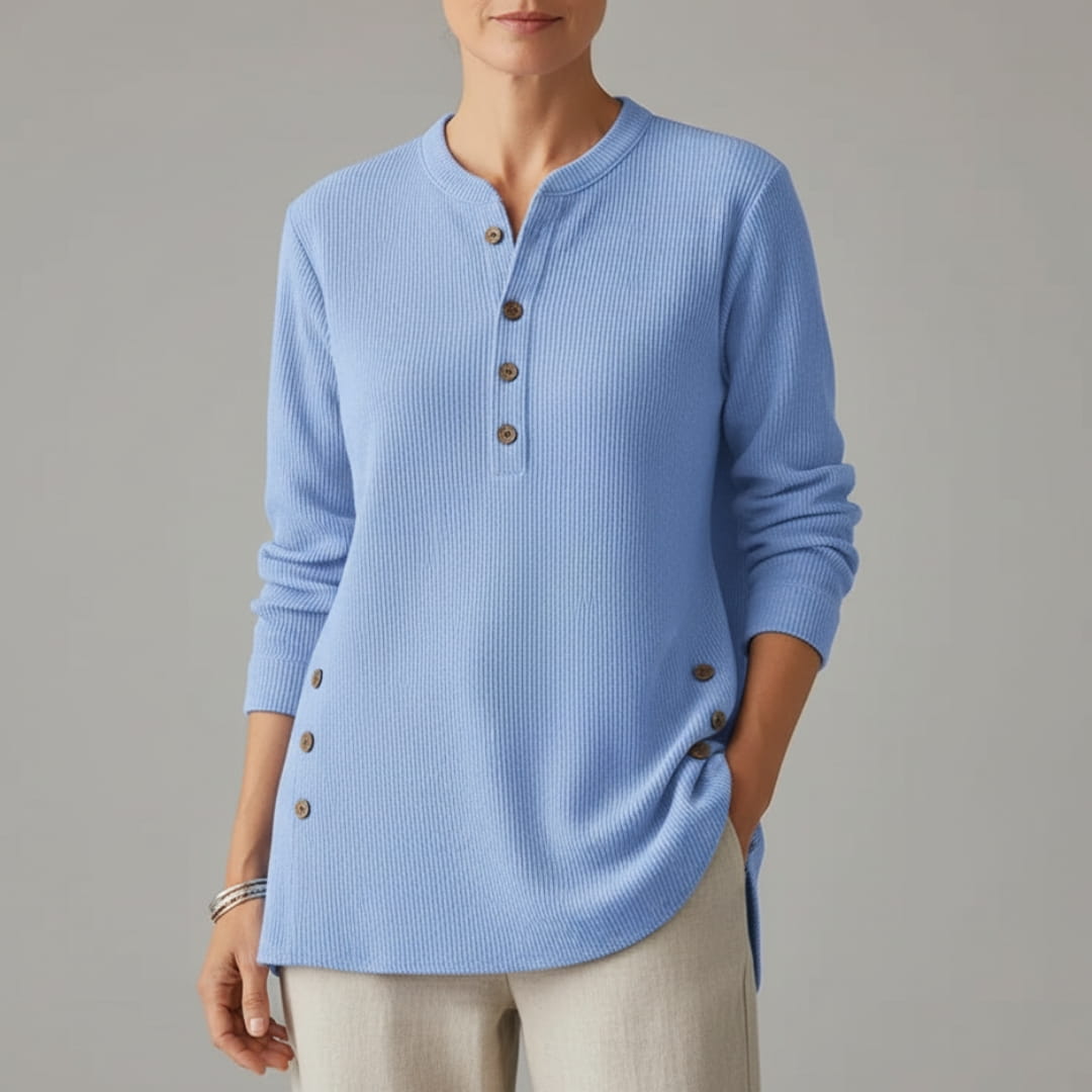 Brielle Ribbed Cotton Blend Tunic Top – Soft Stretch Longline Button Detail Shirt
