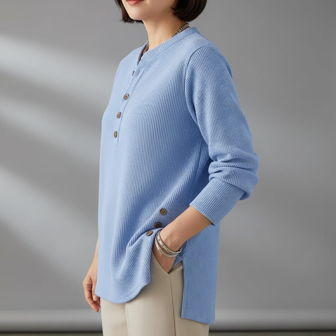 Brielle Ribbed Cotton Blend Tunic Top – Soft Stretch Longline Button Detail Shirt