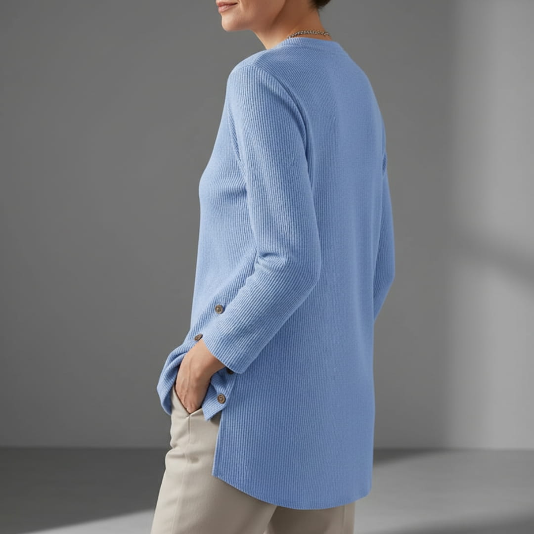 Brielle Ribbed Cotton Blend Tunic Top – Soft Stretch Longline Button Detail Shirt