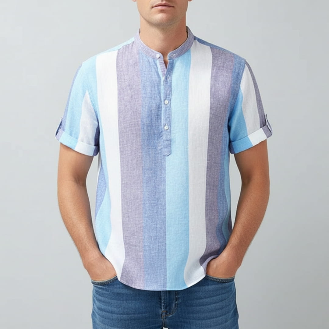 Moose Stripe Cotton Linen Henley Shirt — Relaxed Fit Casual Kurta Shirt