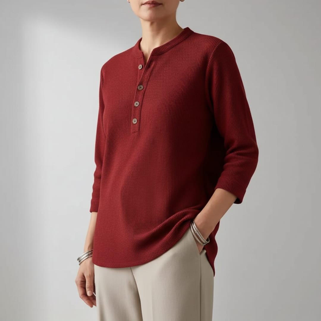 Brielle Ribbed Cotton Blend Tunic Top – Soft Stretch Longline Button Detail Shirt