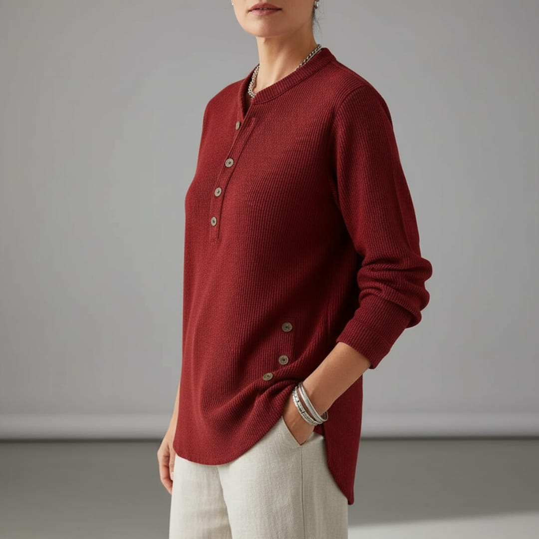 Brielle Ribbed Cotton Blend Tunic Top – Soft Stretch Longline Button Detail Shirt