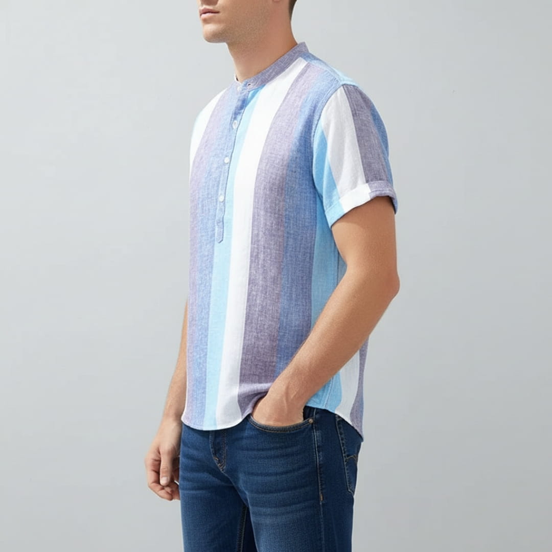 Moose Stripe Cotton Linen Henley Shirt — Relaxed Fit Casual Kurta Shirt