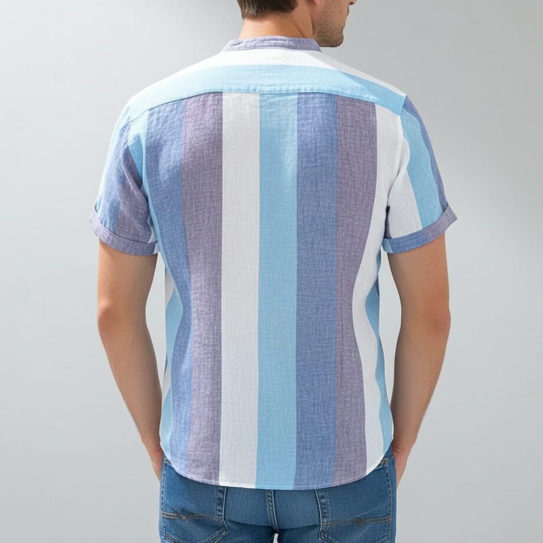Moose Stripe Cotton Linen Henley Shirt — Relaxed Fit Casual Kurta Shirt
