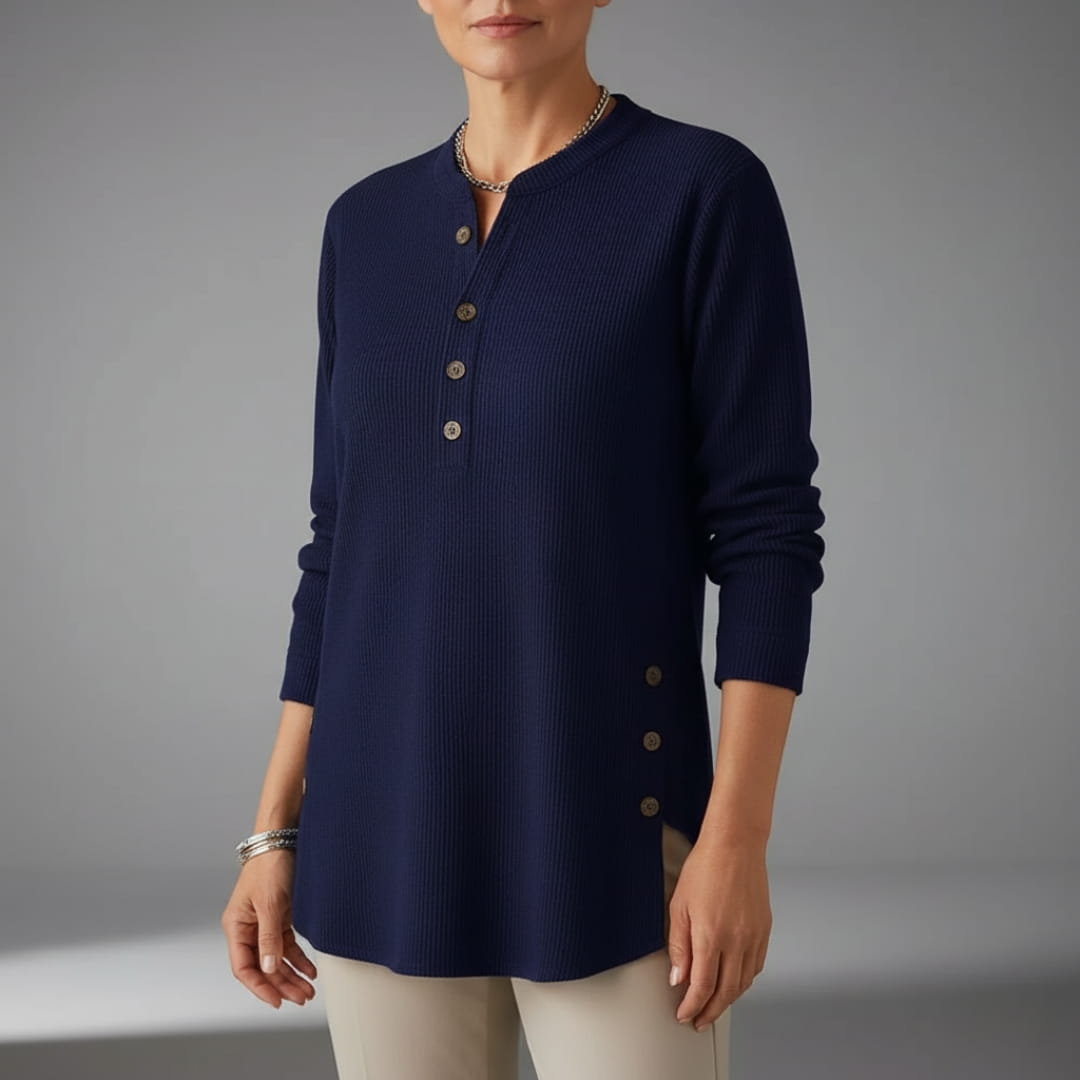 Brielle Ribbed Cotton Blend Tunic Top – Soft Stretch Longline Button Detail Shirt