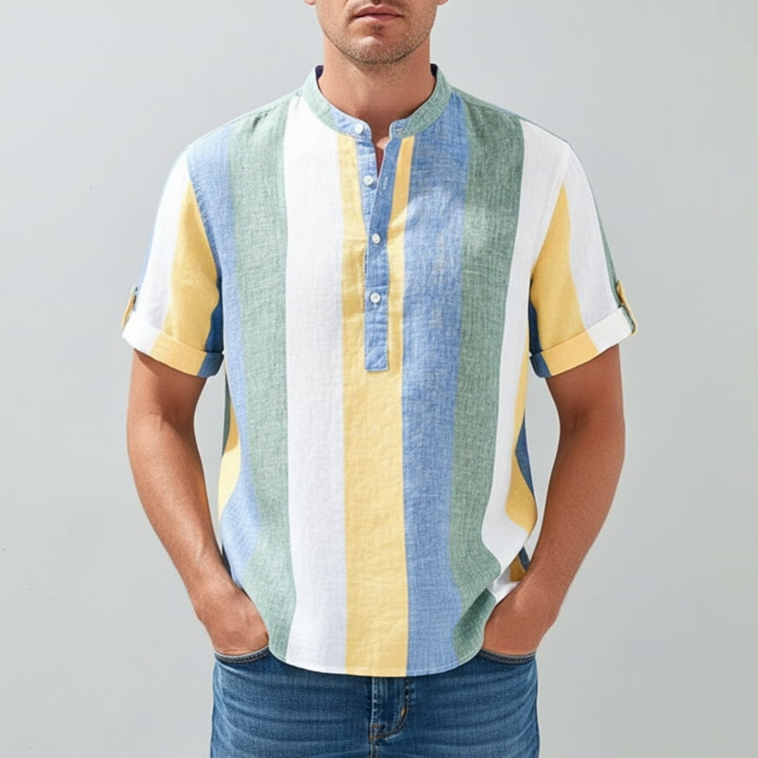 Moose Stripe Cotton Linen Henley Shirt — Relaxed Fit Casual Kurta Shirt