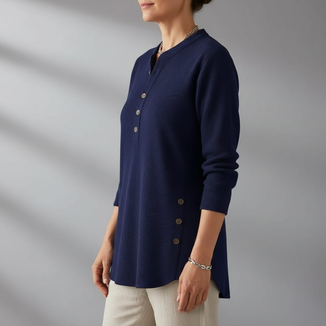Brielle Ribbed Cotton Blend Tunic Top – Soft Stretch Longline Button Detail Shirt
