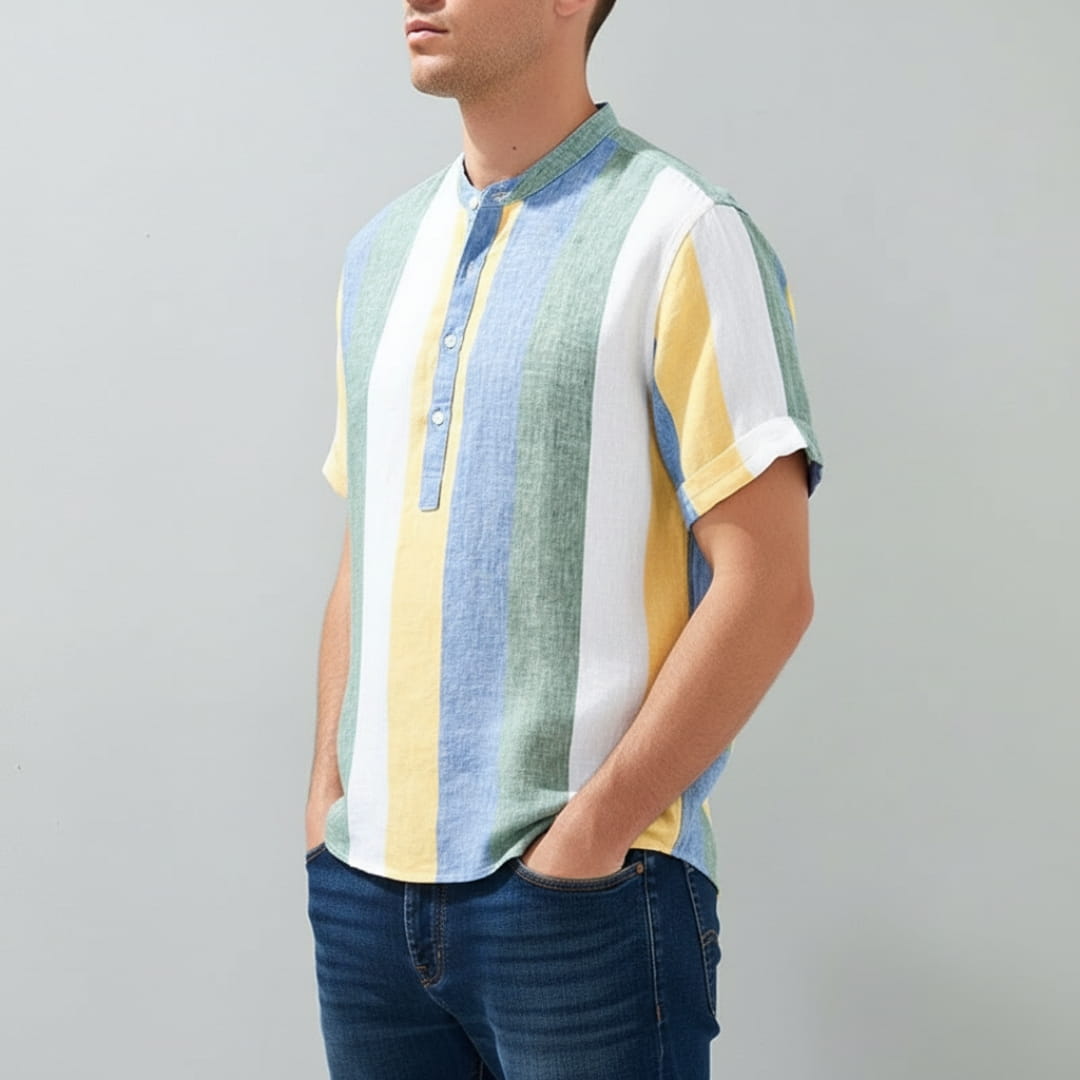 Moose Stripe Cotton Linen Henley Shirt — Relaxed Fit Casual Kurta Shirt