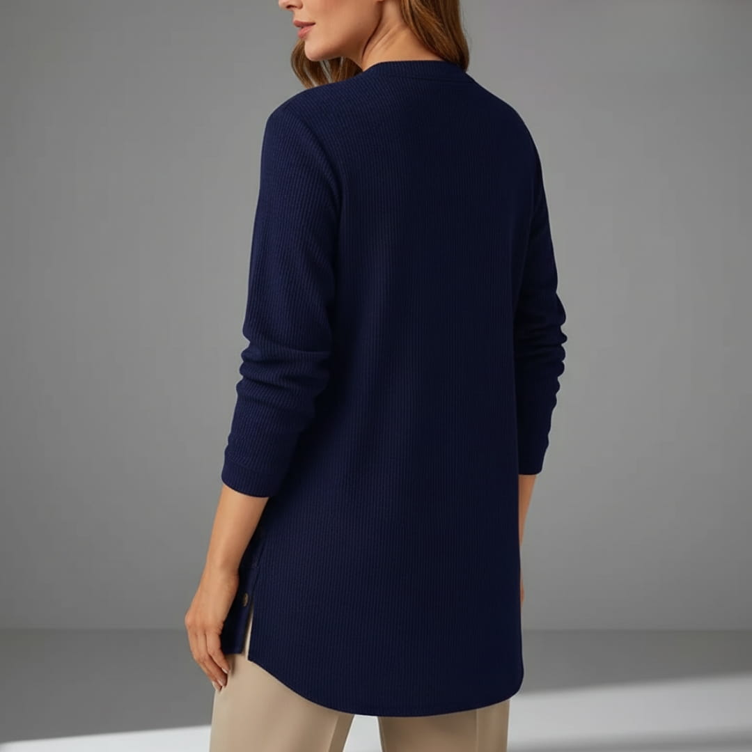 Brielle Ribbed Cotton Blend Tunic Top – Soft Stretch Longline Button Detail Shirt
