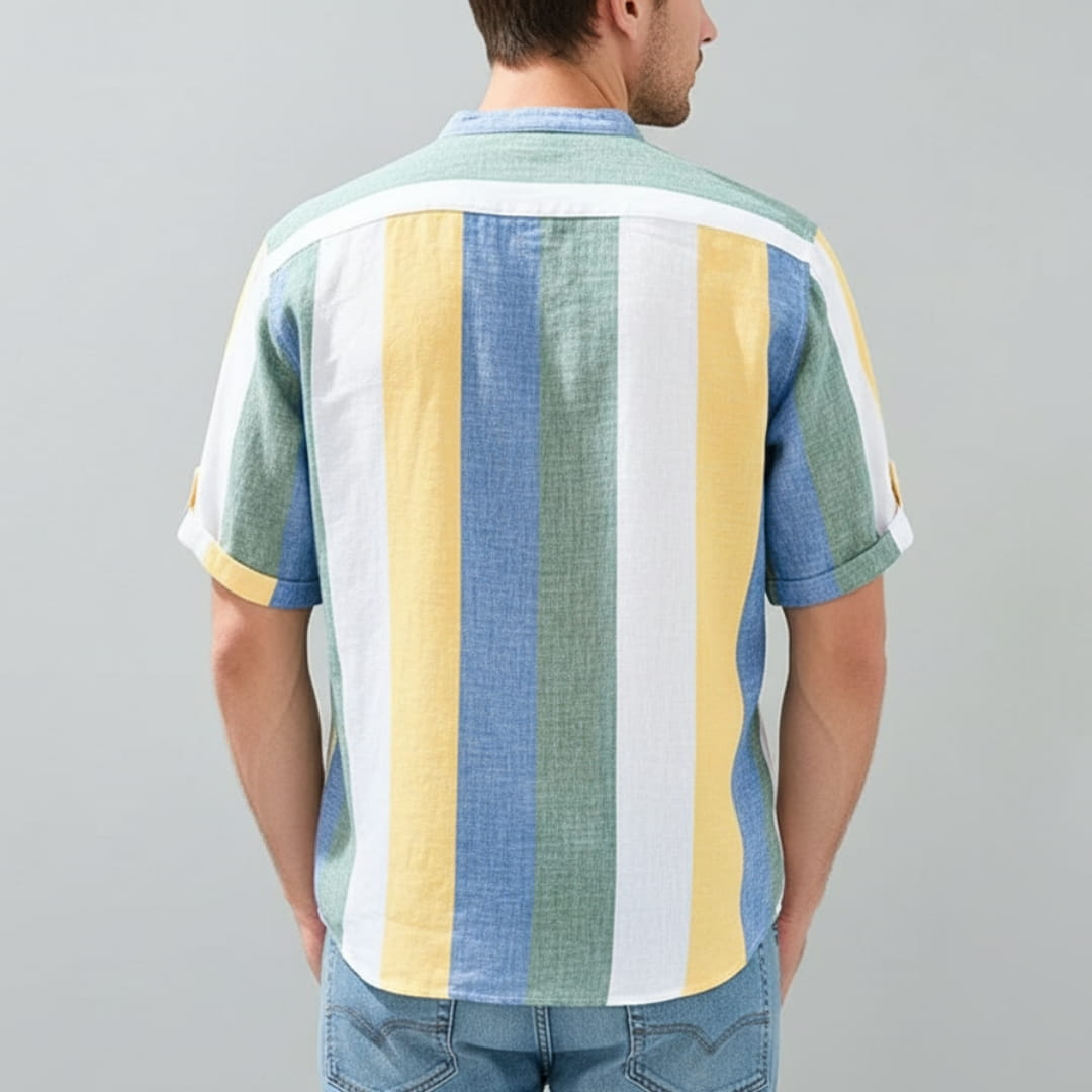 Moose Stripe Cotton Linen Henley Shirt — Relaxed Fit Casual Kurta Shirt
