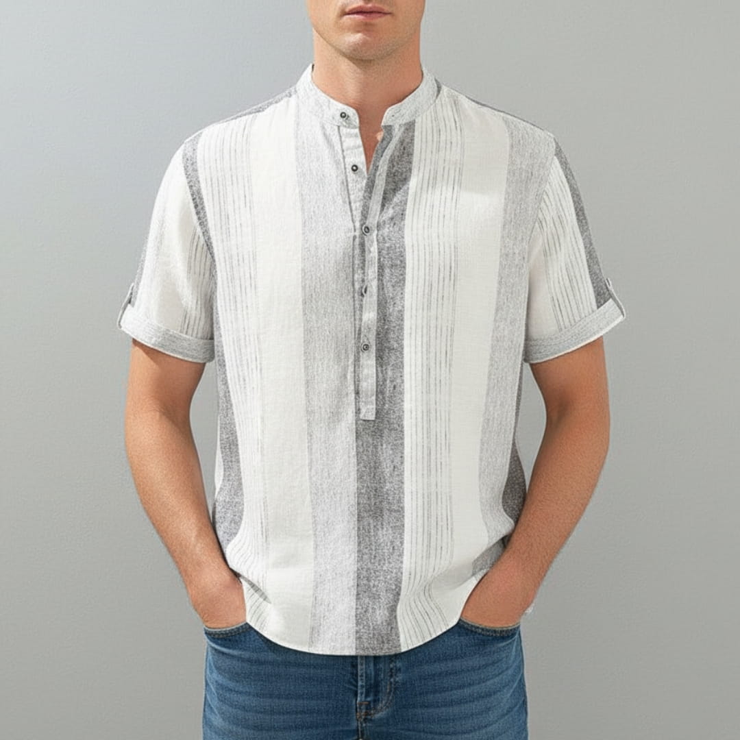 Moose Stripe Cotton Linen Henley Shirt — Relaxed Fit Casual Kurta Shirt