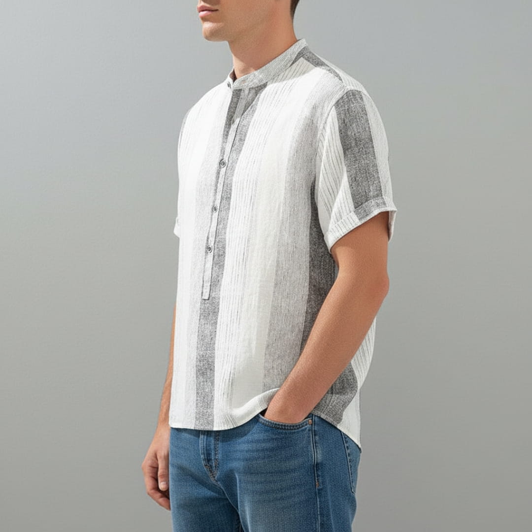 Moose Stripe Cotton Linen Henley Shirt — Relaxed Fit Casual Kurta Shirt