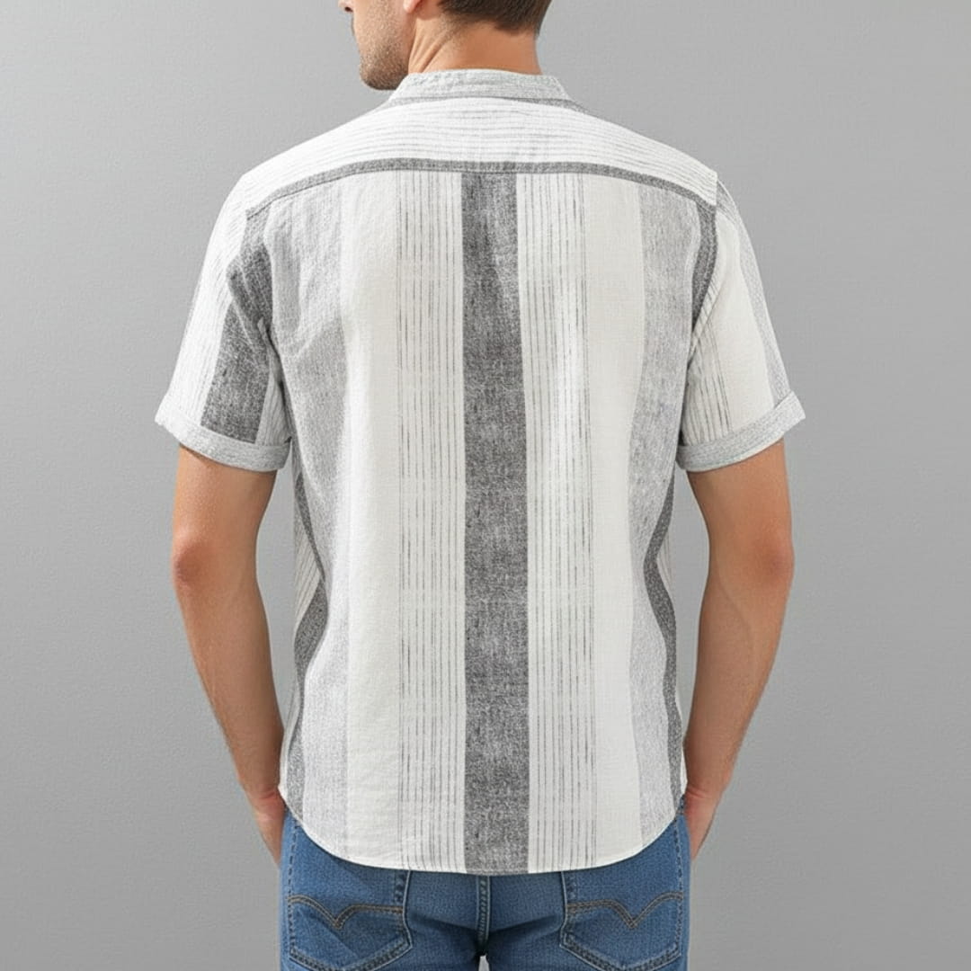 Moose Stripe Cotton Linen Henley Shirt — Relaxed Fit Casual Kurta Shirt