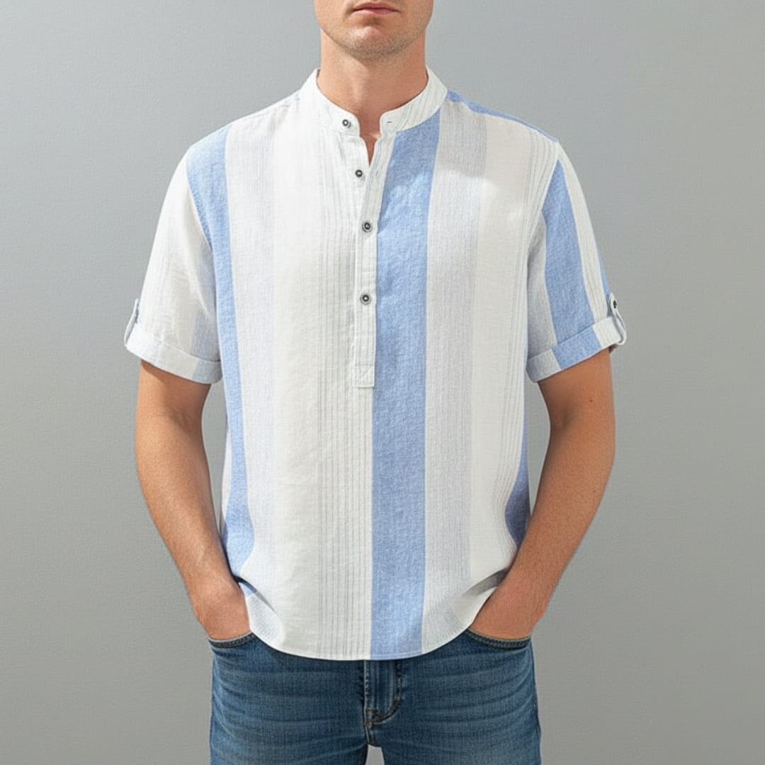 Moose Stripe Cotton Linen Henley Shirt — Relaxed Fit Casual Kurta Shirt