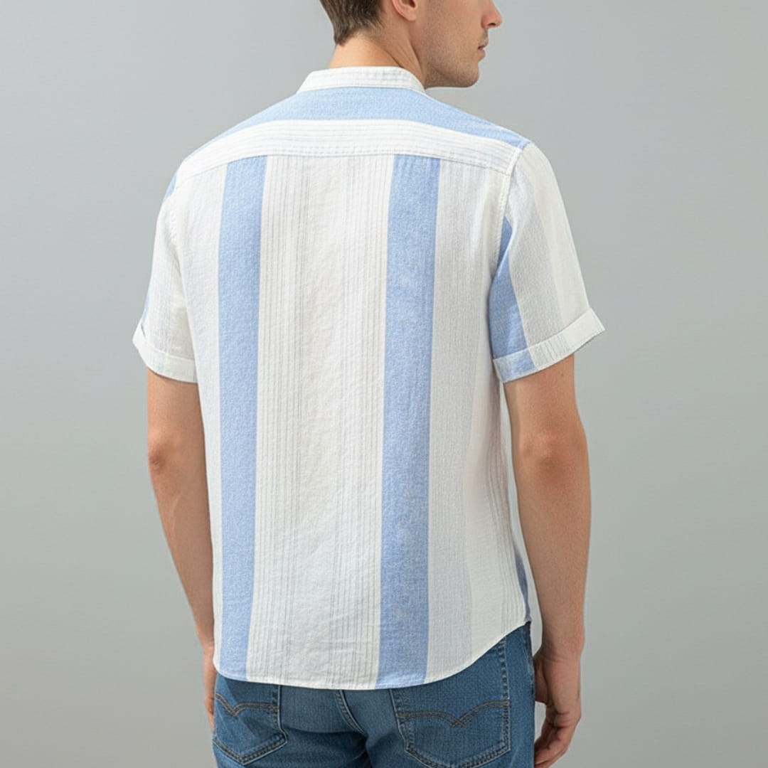 Moose Stripe Cotton Linen Henley Shirt — Relaxed Fit Casual Kurta Shirt