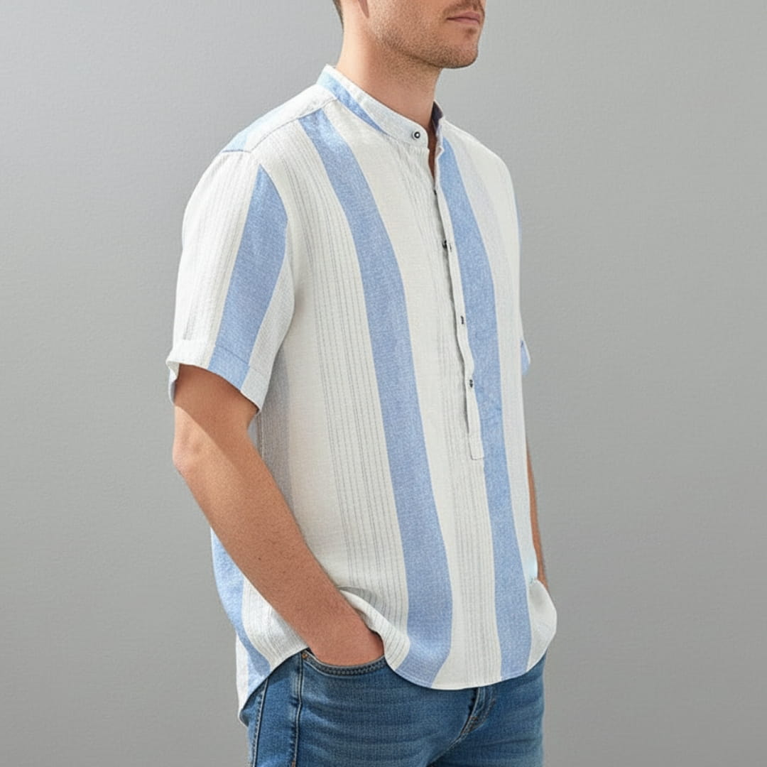 Moose Stripe Cotton Linen Henley Shirt — Relaxed Fit Casual Kurta Shirt