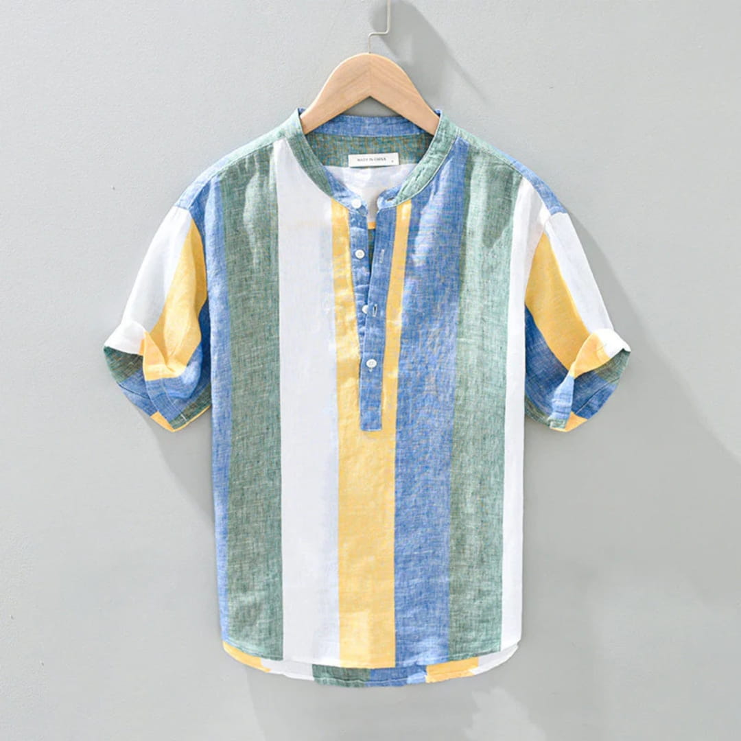 Moose Stripe Cotton Linen Henley Shirt — Relaxed Fit Casual Kurta Shirt