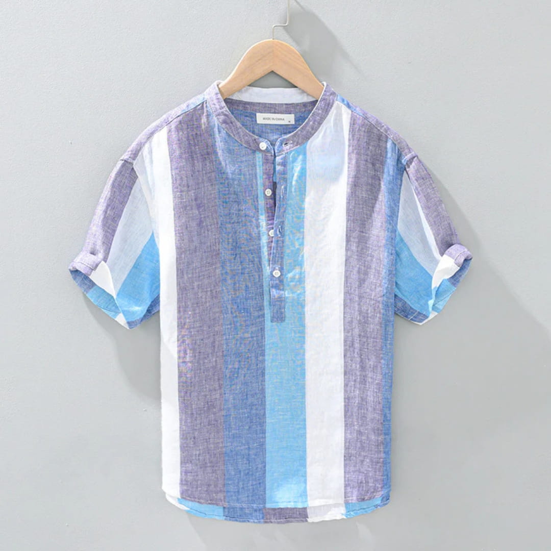 Moose Stripe Cotton Linen Henley Shirt — Relaxed Fit Casual Kurta Shirt
